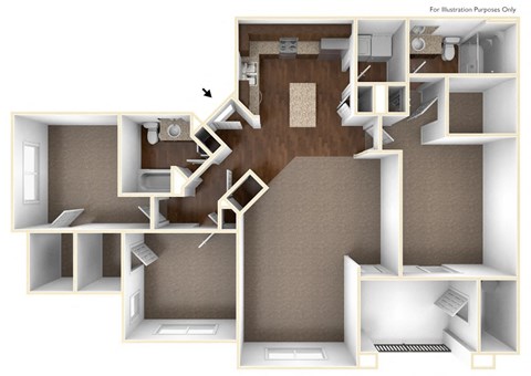 Floor plan for 3 beds, 2 baths, 1364 sqft